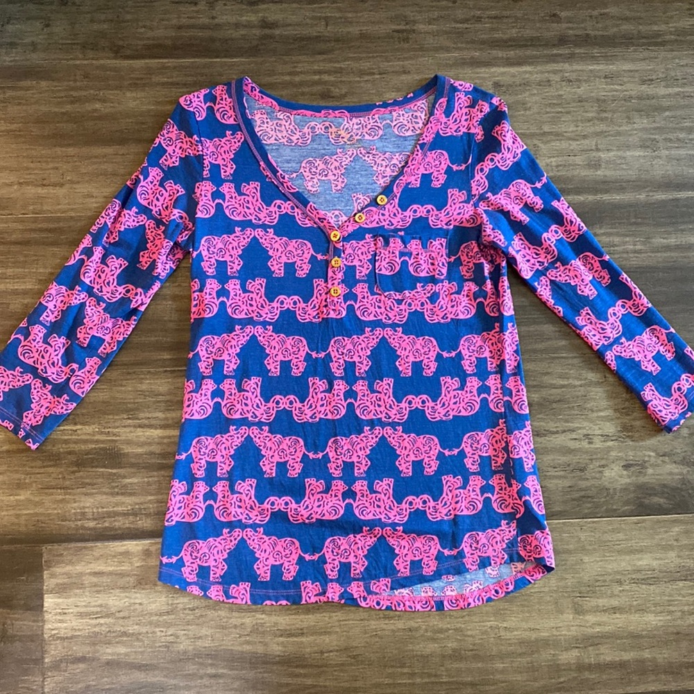 Lilly Pulitzer Tusk In Elephant Print 3/4 Sleeve Top